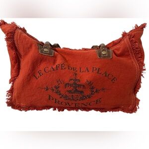 Myra  Carroty reddish orange upcycled canvas / leather handbag.